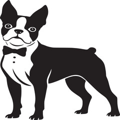 Black and white boston terrier dog wearing a bow tie in a minimalist vector illustration design