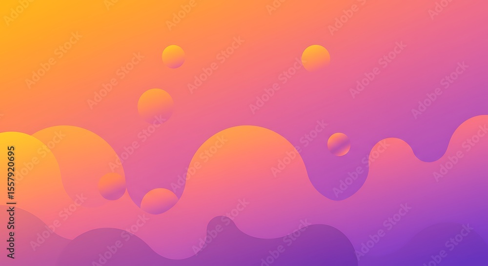Poster abstract gradient background with flowing shapes and floating spheres.