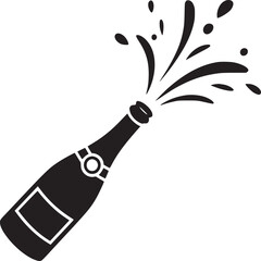 Illustration of a champagne bottle with popping cork and splashing liquid in black and white style
