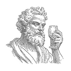 Ancient history man with a glass of wine. Vintage rough woodcut engraving linocut style vector illustration.
