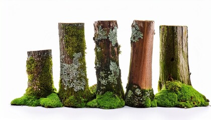 tree trunks overgrown with moss and lichen isolated on white background