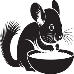 Silhouette of a chinchilla eating from a bowl with a fluffy tail on a white background design