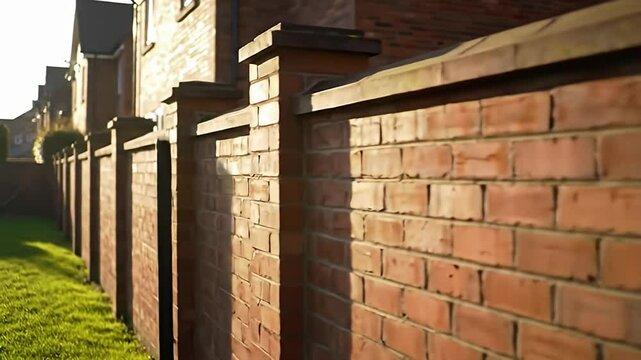 Brick fence stretches into the distance past grassy lawn and brick houses