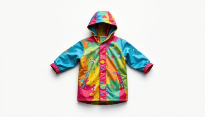Fototapeta premium a single children's raincoat, isolated on a pure white background, ultra detailed 8k resolution, vibrant and unusual color scheme, clean studio lighting, professional product photo, no shadow