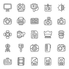 Photography and Videography Hand Drawn Icon Set – Camera, Lens, Tripod, Flash, Studio Equipment, File Formats, Editing Tools – Doodle Style
