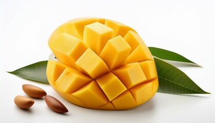 sweet fresh yellow mango with slice and seed on white background
