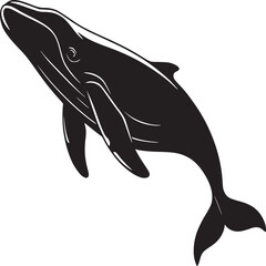 A black and white graphic illustration of a whale swimming diagonally up and to the left side of the frame