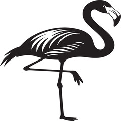 A black and white silhouette of a flamingo standing on one leg with its head turned to the side