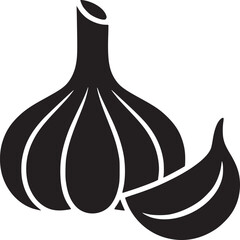 Illustration of a garlic bulb and a single clove in black silhouette on a white background image