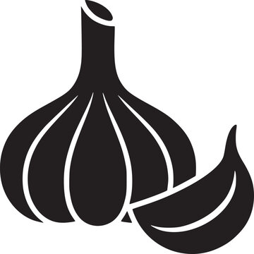 Illustration of a garlic bulb and a single clove in black silhouette on a white background image