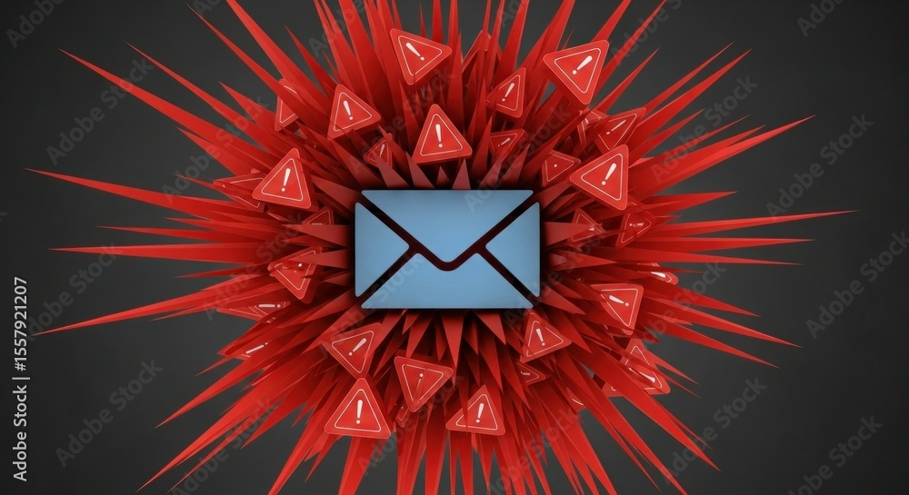 Poster abstract composition with blue envelope and red spiky elements on dark background