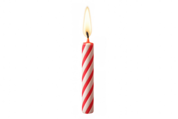 Red and white striped birthday candle burning on a transparent background, perfect for birthday celebrations