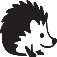 A simple black and white illustration of a stylized hedgehog with a cute and friendly expression