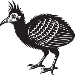 Stylized black bird with a crest and patterned feathers standing on a white background illustration