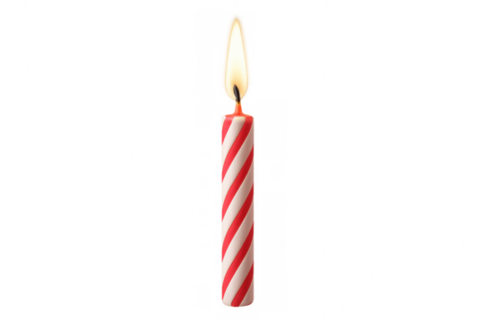 Red and white striped birthday candle burning on a transparent background, perfect for birthday celebrations