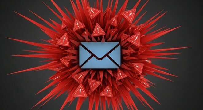 Abstract Composition with Blue Envelope and Red Spiky Elements on Dark Background