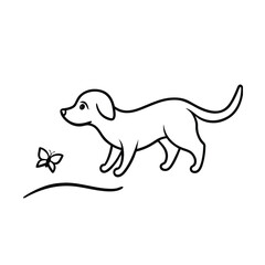Puppy chasing butterfly across grass in quick motion Vector illustration