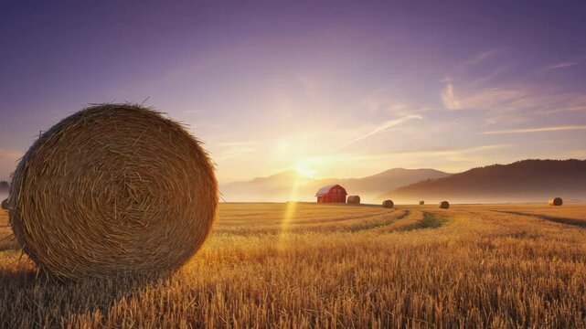 field with large cylindrical hay bale on rustic farm landscape background