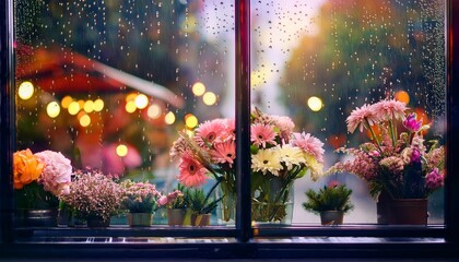 rainy day reveals a florist window with blurred raindrops and softly glowing flowers creating a tender mood