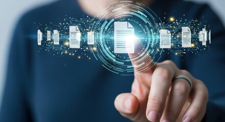 Human Finger Touching Digital Document Icon Surrounded By Glowing Technological Interface Symbolizing Data And Information Management