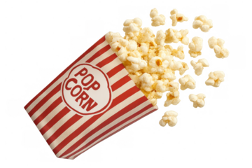 Exploding popcorn bursting from striped paper bag, highlighting cinematic snacking against transparent background for festive film-related design elements