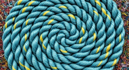 Coiled Blue Rope with Yellow Accents on Textured Mixed Color Background