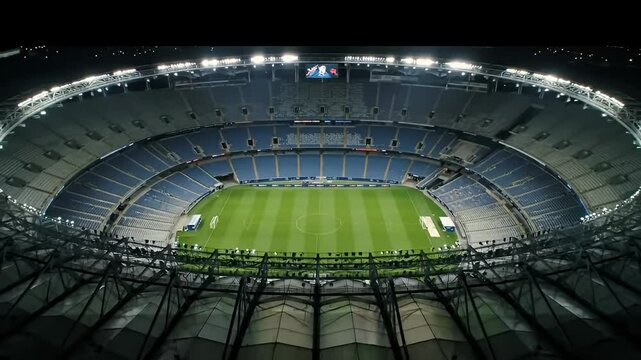 Aerial view of empty, illuminated football stadium at night