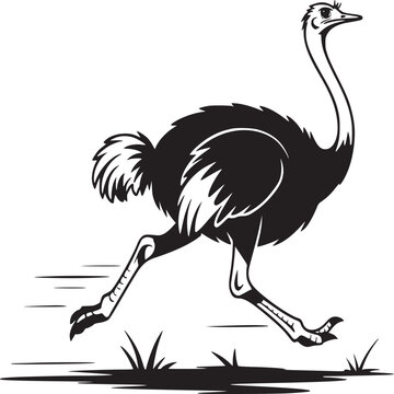 A black and white illustration of an ostrich running across a grassy field in a simple graphic style
