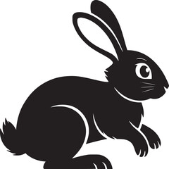 A black silhouette of a rabbit with long ears and a fluffy tail on a white background illustration