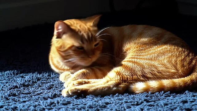 Ginger cat sleeps curled on blue rug, lit by sunbeam in otherwise dark room