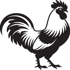 A bold black and white graphic illustration of a rooster standing on a white background in profile view