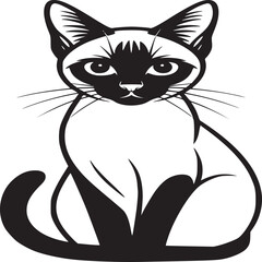 Stylized black and white siamese cat sitting with piercing eyes and detailed whiskers on white background
