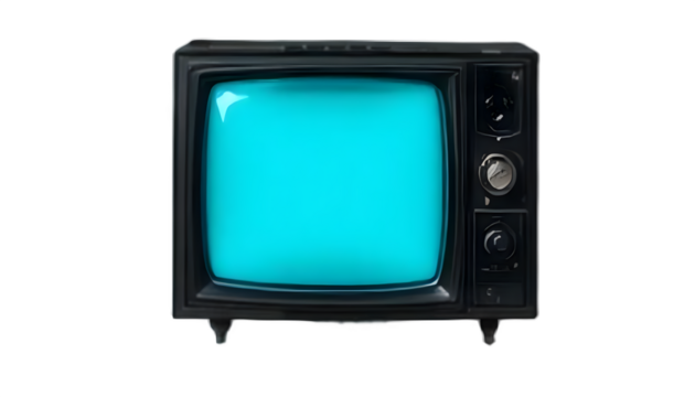 A vintage television set stands out against a stark black backdrop with its retro charm and glowing cyan screen, transparent background
