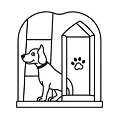 Dog looking out of window with paws on sill in outline Vector illustration