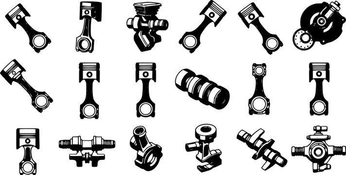 Car engine piston icons set. Collection of various engine pistons, highlighting diverse connecting rod and crankshaft configurations
