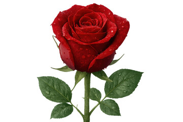 Naklejka premium Vivid red rose blooming, sparkling with water droplets, photographed in professional studio setting against transparent backdrop