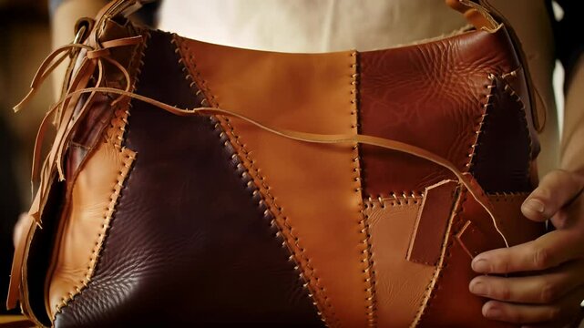 Patchwork leather bag, hand-stitched, various shades of brown