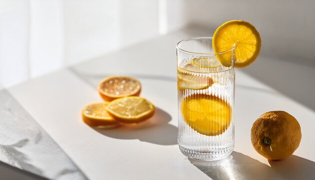 cold refreshing drink with lemon orange slices by the glass on white background on directly sunlight with shadows
