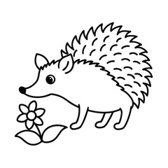 Hedgehog sniffing flower quietly in garden corner Vector illustration