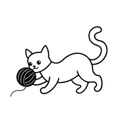 Cute kitten stretching playfully with yarn ball lines Vector illustration