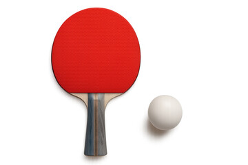 Red table tennis paddle resting alongside a white ball on a transparent background, perfectly poised for an exciting game of ping pong