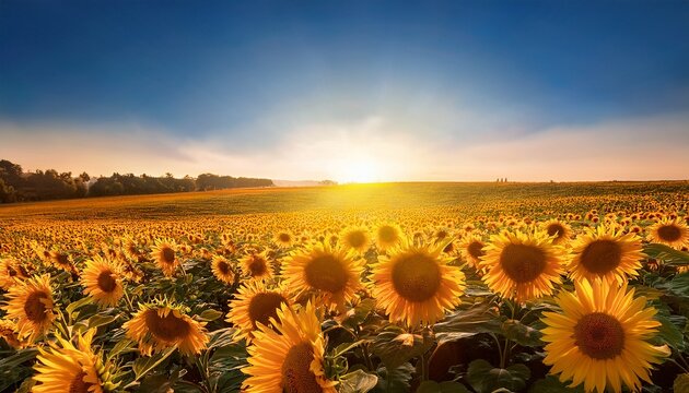bright sun illuminates a summer nature of sunflower field