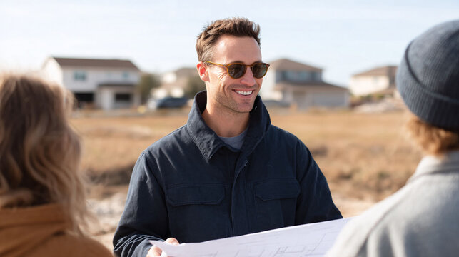 Smiling architect presenting blueprints to clients at a construction site. Represents planning, real estate, dream homes, investment, and new beginnings. - Powered by Adobe
