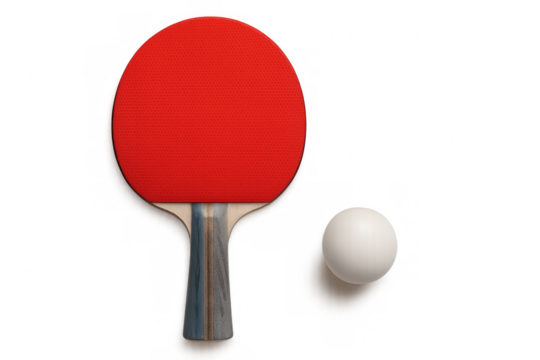 Red table tennis paddle resting alongside a white ball on a transparent background, perfectly poised for an exciting game of ping pong