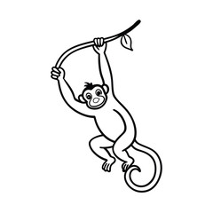Monkey hanging from vine reaching for banana above Vector illustration