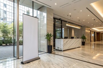 Modern roll-up banner mockup in stylish office lobby with wooden walls and minimalist design. Perfect for branding, marketing, corporate presentations, or indoor advertising displays.

