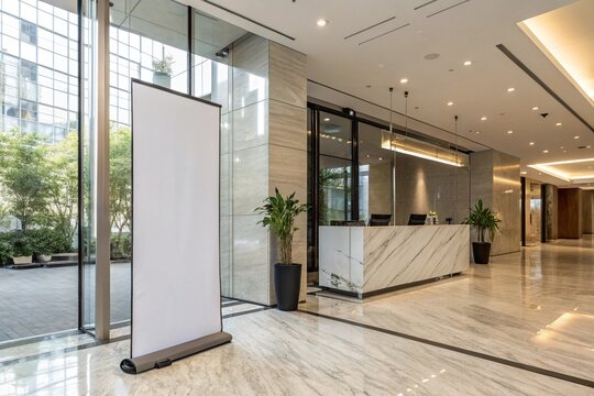 Modern roll-up banner mockup in stylish office lobby with wooden walls and minimalist design. Perfect for branding, marketing, corporate presentations, or indoor advertising displays.


