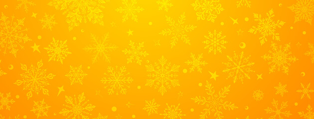 A vibrant Christmas illustration featuring intricate snowflakes in various sizes and designs, interspersed with stars and circular elements, in yellow tones.