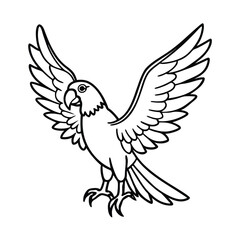 Bright parrot showing feathers fully on wooden perch Vector illustration