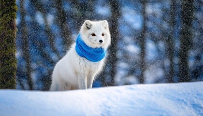 a snowy scene featuring a white arctic fox wearing a blue scarf soft snowfall blankets the landscape as a white fox gazes into the winter scene